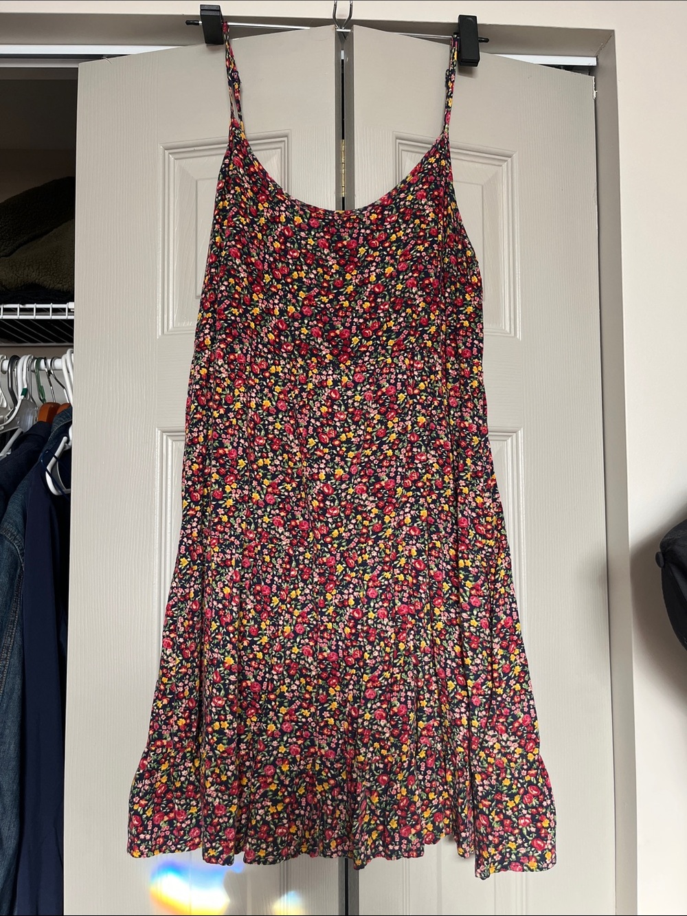 7/$20 Xhilaration Navy Mini Dress with Red & Yellow Floral Print